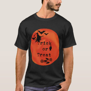 Trick or Treat with Witch & Bats on Orange Moon T-Shirt