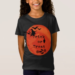Trick or Treat with Witch & Bats on Orange Moon T-Shirt