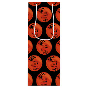 Trick or Treat with Witch & Bats on Orange Moon Wine Gift Bag