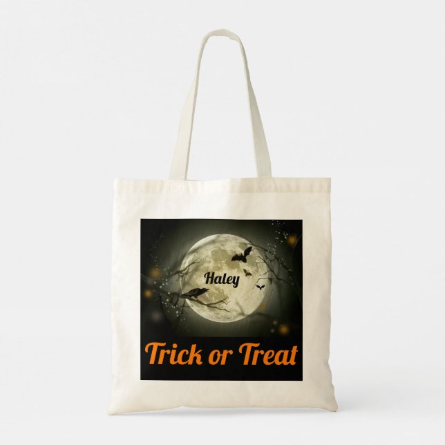 Trick or Treat YOUR NAME Spooky Crows Canvas Candy Tote Bag (Back)