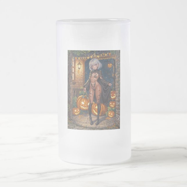 Trick or Treater, Brave Halloween Costume Girl Frosted Glass Beer Mug (Center)