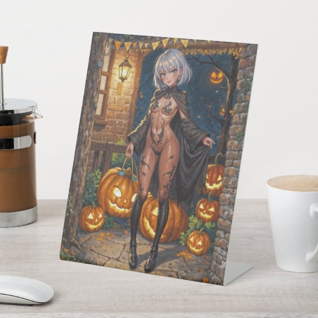 Trick or Treater, Brave Halloween Costume Girl Pedestal Sign (In SItu)