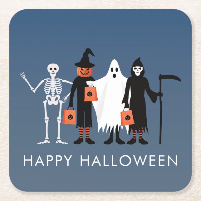 Trick or Treaters Halloween Square Paper Coaster (Front)