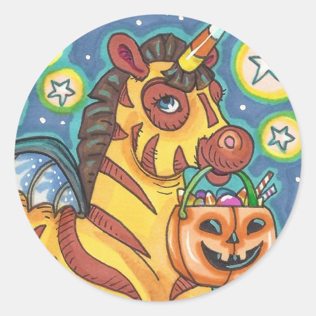 TRICK OR TREATING BAT WING ZEBRA, CUTE HALLOWEEN CLASSIC ROUND STICKER (Front)