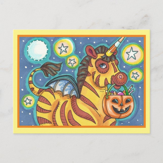 TRICK OR TREATING BAT WING ZEBRA, HALLOWEEN CANDY POSTCARD (Front)