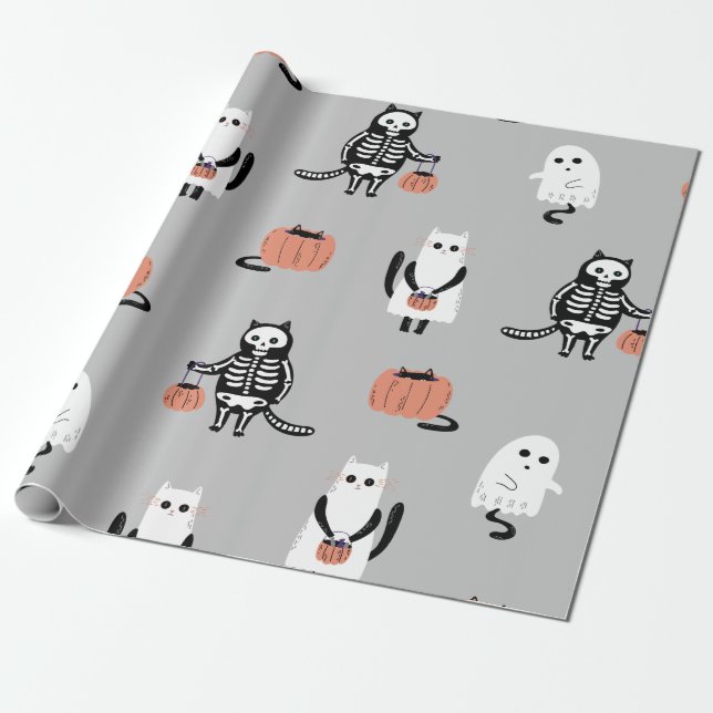 Trick-or-Treating Cats Halloween Wrapping Paper (Unrolled)