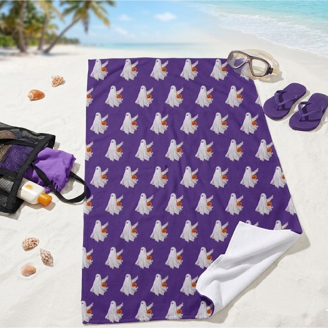 Trick Or Treating Ghost With Pumpkin Candy Bucket Beach Towel (Creator Uploaded)