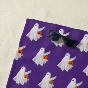 Trick Or Treating Ghost With Pumpkin Candy Bucket Beach Towel