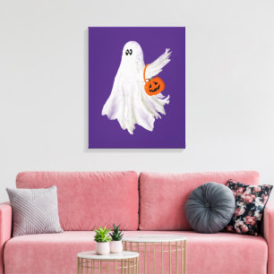 Trick Or Treating Ghost With Pumpkin Candy Bucket  Canvas Print