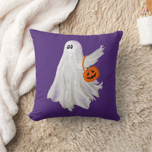 Trick Or Treating Ghost With Pumpkin Candy Bucket Cushion