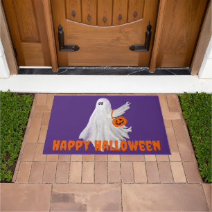 Trick Or Treating Ghost With Pumpkin Candy Bucket Doormat