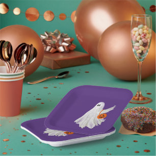 Trick Or Treating Ghost With Pumpkin Candy Bucket Paper Plate