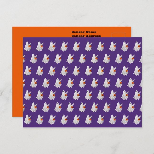 Trick Or Treating Ghost With Pumpkin Candy Bucket  Postcard (Front/Back)