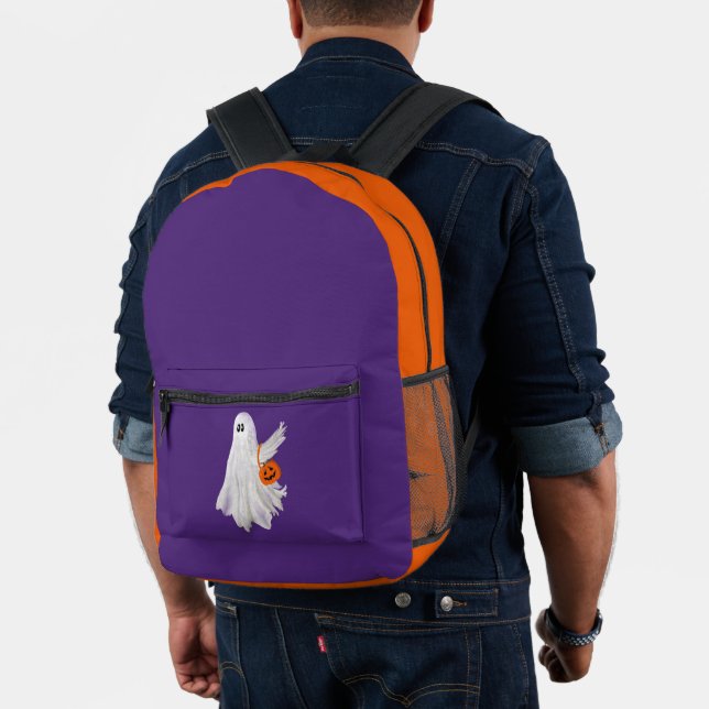 Trick Or Treating Ghost With Pumpkin Candy Bucket Printed Backpack (Insitu (Model))