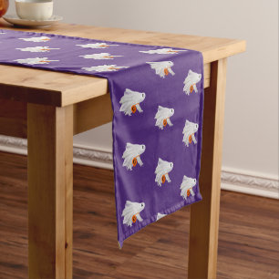 Trick Or Treating Ghost With Pumpkin Candy Bucket Short Table Runner