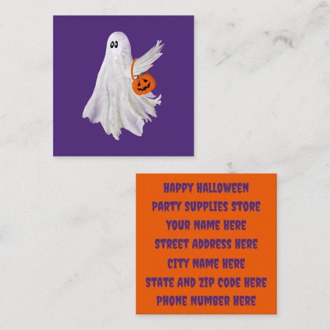 Trick Or Treating Ghost With Pumpkin Candy Bucket Square Business Card (Front/Back)