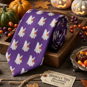 Trick Or Treating Ghost With Pumpkin Candy Bucket Tie