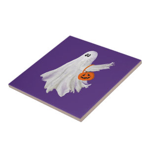Trick Or Treating Ghost With Pumpkin Candy Bucket  Tile