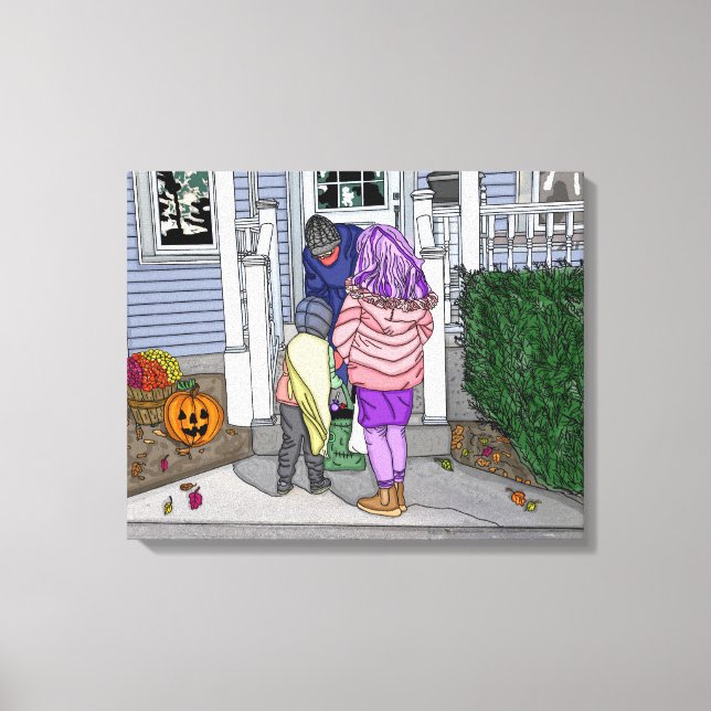 Trick or Treating in the Suburbs on Halloween Canvas Print (Front)