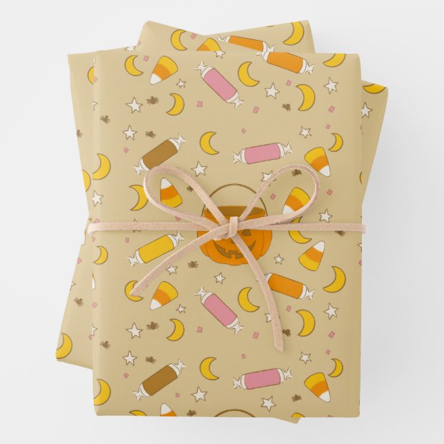 Trick or Treats Jack-o-Lantern Halloween Print Wrapping Paper Sheet (In situ)