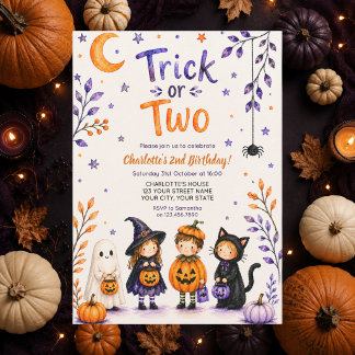 Trick or Two Cute Halloween 2nd Birthday Party Invitation
