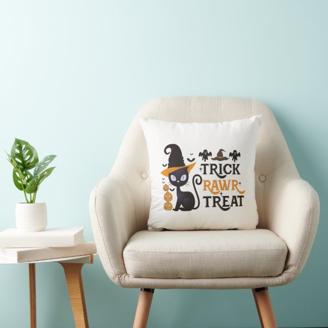 Trick Rawr Treat Black Cat White Halloween Cushion (Chair)