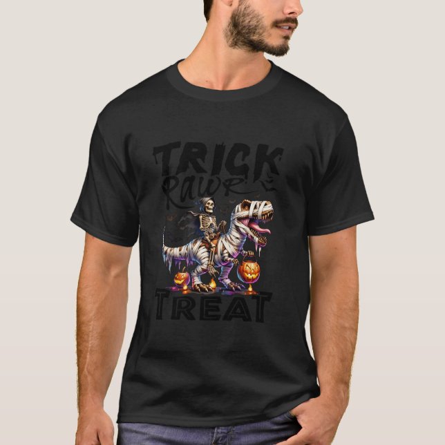 Trick Rawr Treat Dinosaurs Skeleton T rex Hallowee T-Shirt (Front)