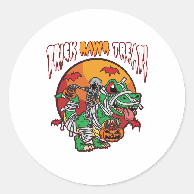 Trick Rawr Treat Spooky Halloween Dinosaur Classic Round Sticker (Front)