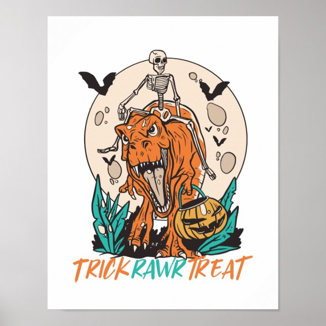 Trick Rawr Treat T Rex Dinosaur Skeleton Halloween Poster (Front)