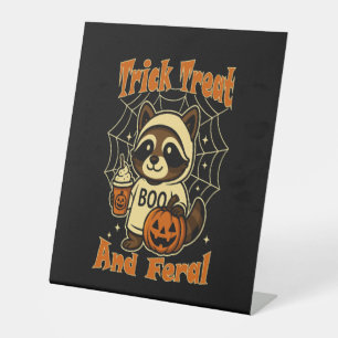 Trick Treat and Feral Cute Halloween Pedestal Sign