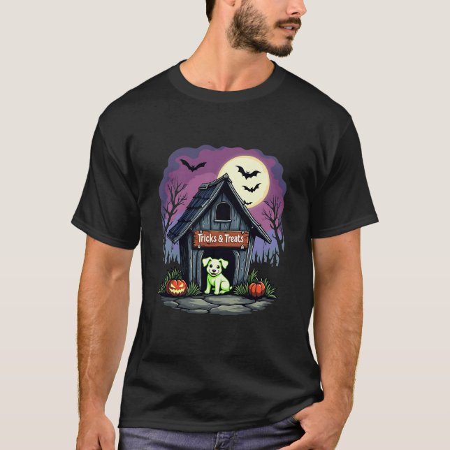 Tricks and Treats Cute Dog Halloween T-Shirt (Front)