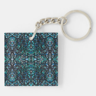 Trickster Blue Green Abstract India Ink Art Key Ring