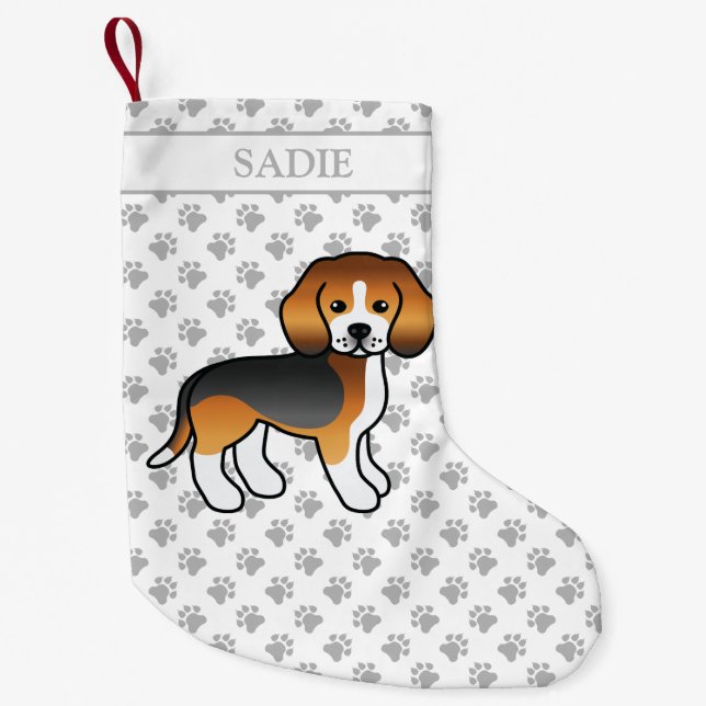 Tricolor Beagle Cute Cartoon Dog & Name Small Christmas Stocking (Front)