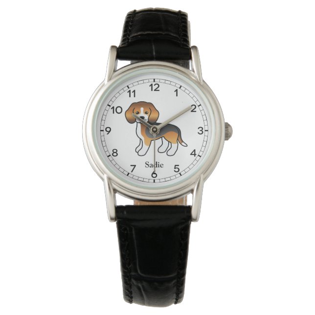 Tricolor Beagle Dog Illustration & Custom Name Watch (Front)
