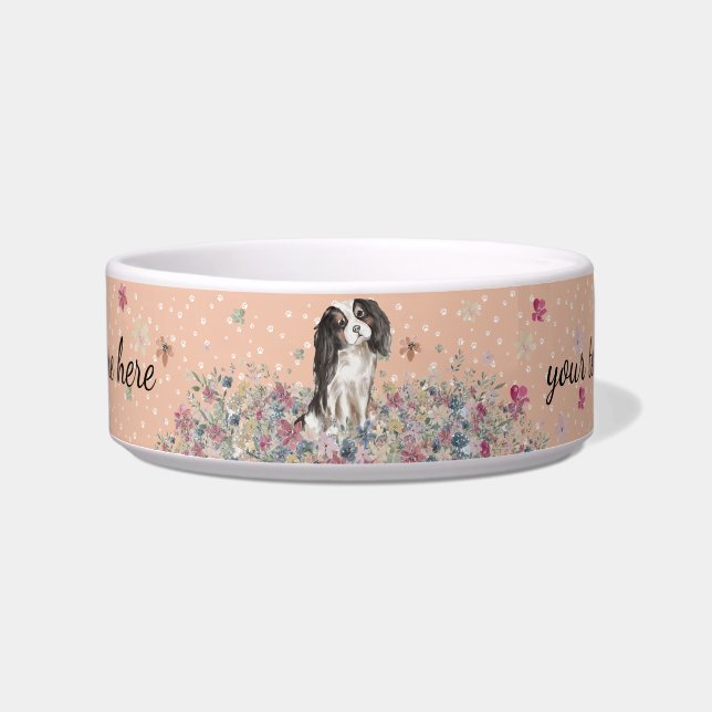 Tricolor Cavalier King Charles Spaniel Dog Bowl (Front)