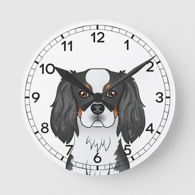 Tricolor Cavalier King Charles Spaniel Dog Head Round Clock (Front)