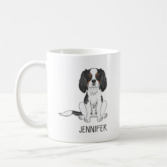 Tricolor Cavalier King Charles Spaniel Dog & Name Coffee Mug (Left)