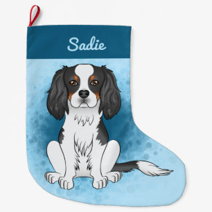 Tricolor Cavalier King Charles Spaniel Dog On Blue Large Christmas Stocking