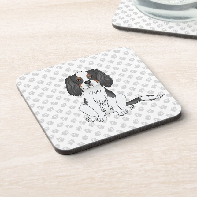Tricolor Cavalier King Charles Spaniel Dog & Paws Coaster (Left Side)