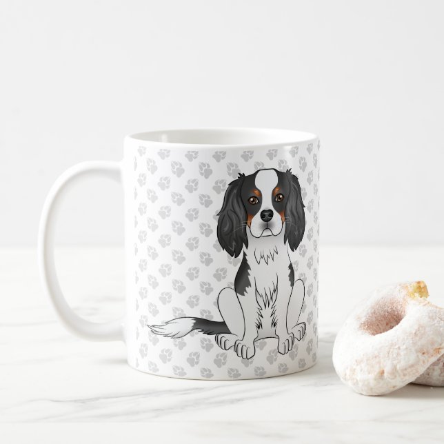 Tricolor Cavalier King Charles Spaniel Dog & Paws Coffee Mug (With Donut)