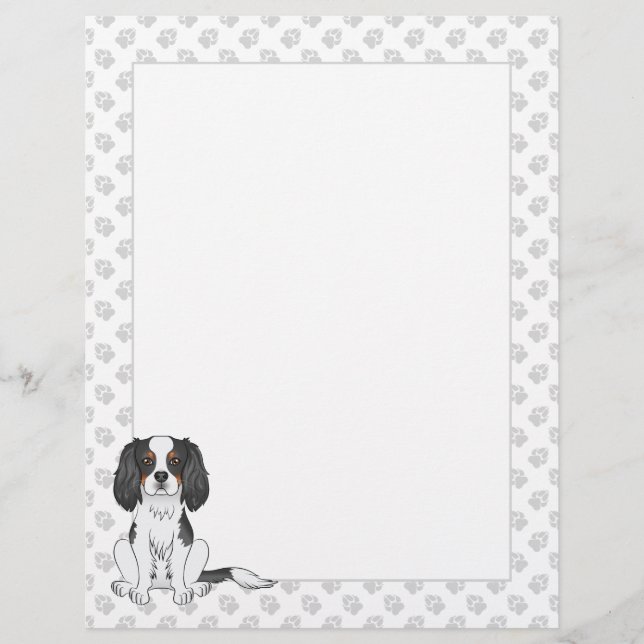 Tricolor Cavalier King Charles Spaniel Dog & Paws Custom Letterhead (Front)