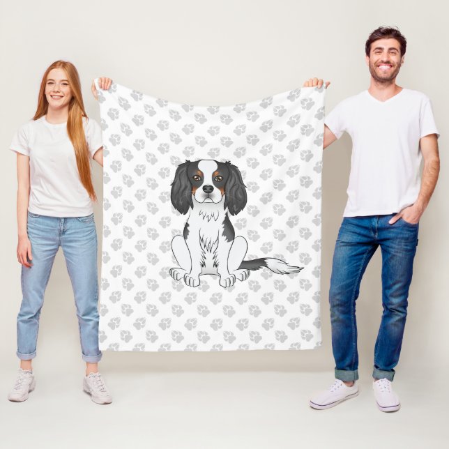 Tricolor Cavalier King Charles Spaniel Dog & Paws Fleece Blanket (In Situ)