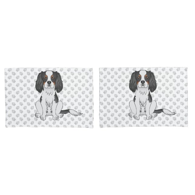 Tricolor Cavalier King Charles Spaniel Dog & Paws Pillowcase (Front-Set)