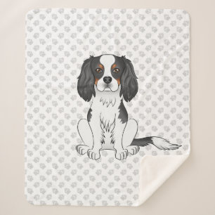 Tricolor Cavalier King Charles Spaniel Dog & Paws Sherpa Blanket