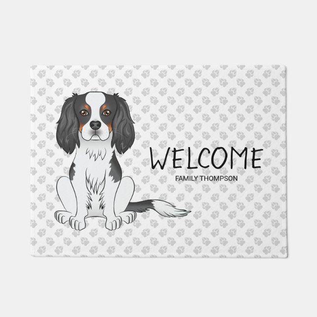 Tricolor Cavalier King Charles Spaniel Dog & Text Doormat (Front)