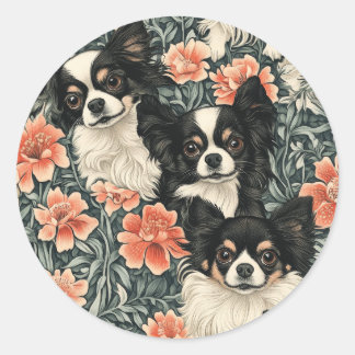 Tricolor Chihuahuas William Morris Style Floral Classic Round Sticker