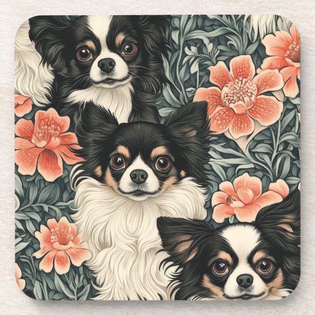 Tricolor Chihuahuas William Morris Style Floral Coaster (Front)