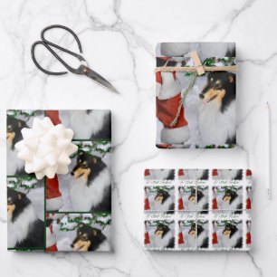 Tricolor Collie and Santa Christmas Wrapping Paper Sheet