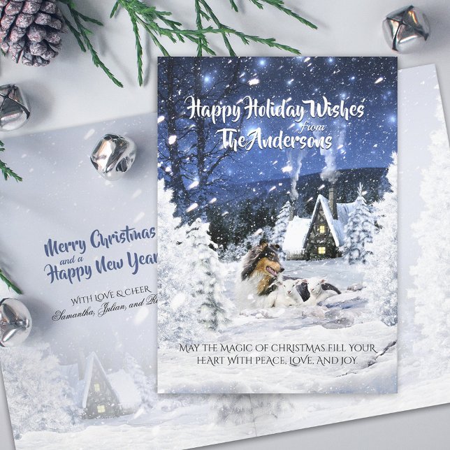 Tricolor Collie & Lambs in Magic Christmas Night - Holiday Card (Creator Uploaded)