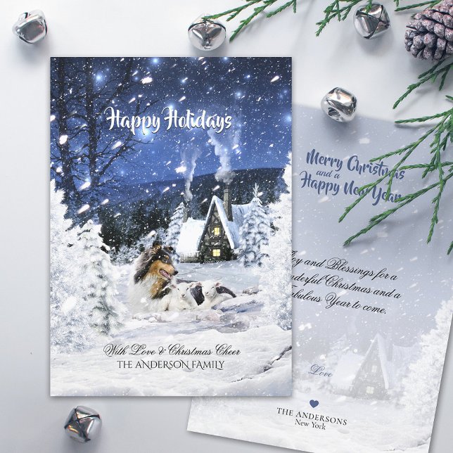 Tricolor Collie & Lambs in Snow - Christmas Card (Creator Uploaded)